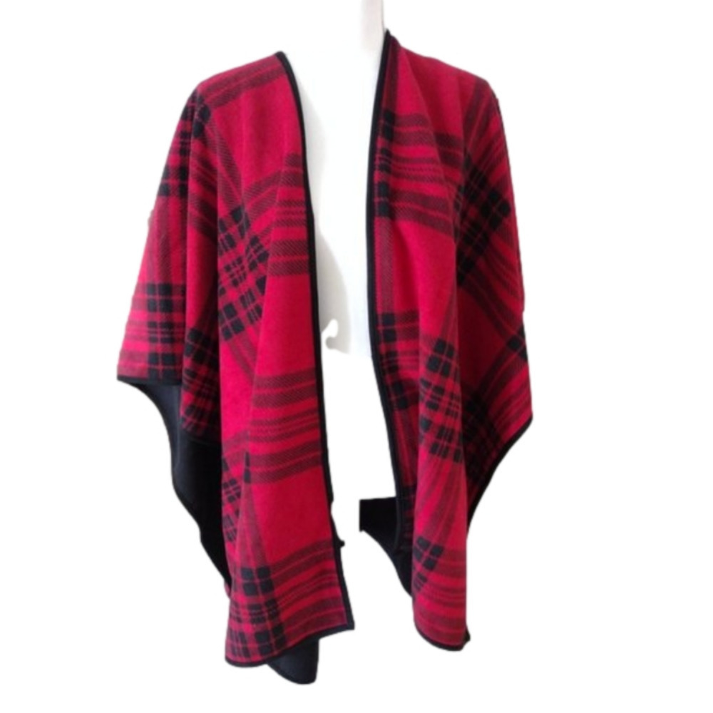 WOOLRICH Reversible plaid & solid black blanket cape - One Size